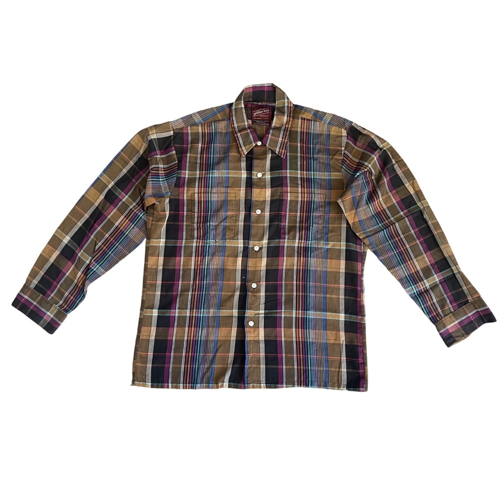 Vintage Golden‎ Key Mens Casual Button Down Shirt LARGE Plaid Multicolor READ